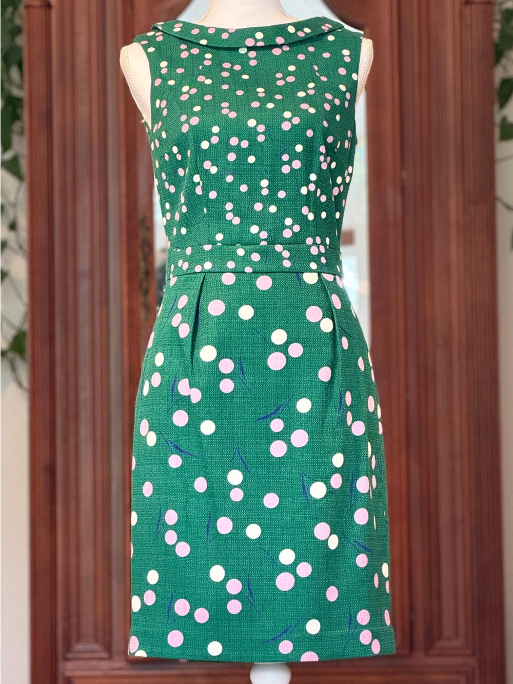 Boden Green Midi Dress with Pink and White Polka Dots
